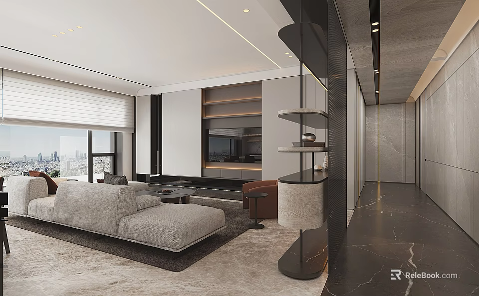 Modern Dining Living Room Interior With Open Layout Sofa TV Wall And Marble Accents 3d model 