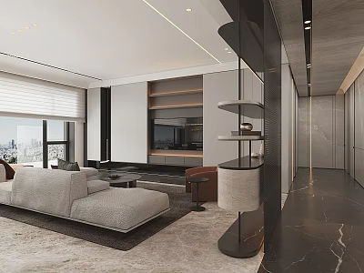 Modern Dining Living Room Interior With Open Layout Sofa TV Wall And Marble Accents 3d model