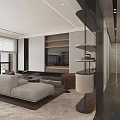Modern Dining Living Room Interior With Open Layout Sofa TV Wall And Marble Accents