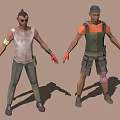 Two Different Male 3D Character Models in Casual Attire with Vests Gloves and Knee Pads