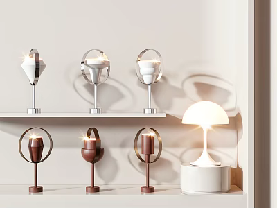 Modern Table Lamps With Ring Shaped Design Illuminated On White Shelf 3d model