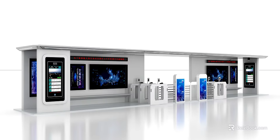 Modern Public Facility With White Minimalist Design Self Service Terminals And Display Screens 3d model 