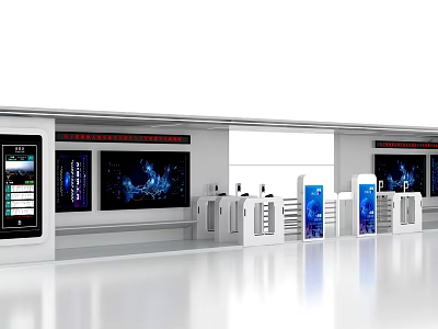 Modern Public Facility With White Minimalist Design Self Service Terminals And Display Screens 3d model