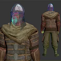 Medieval Warrior Character In Traditional Armor With Metal Helmet Chainmail Cloak And Decorative Plates