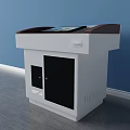 Functional Desk With White Body Brown Countertop Tablet Display And Black Cabinet Doors