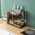 Spice Jars Organized in Kitchen Countertop Rack with Knives and Cutting Board