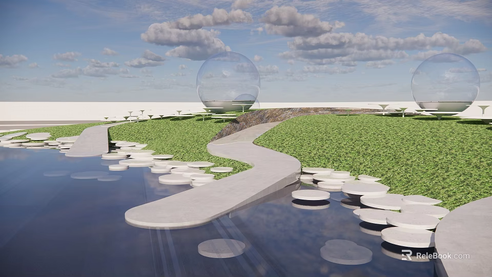 Modern Courtyard Garden With Stone Path Water Pool Green Lawn And Transparent Spherical Structures 3d model 