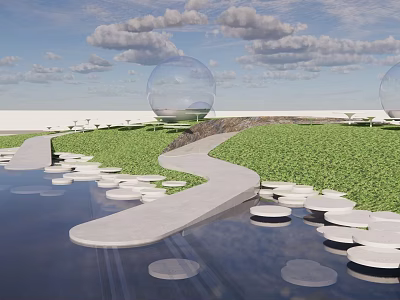 Modern Courtyard Garden With Stone Path Water Pool Green Lawn And Transparent Spherical Structures 3d model