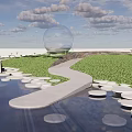 Modern Courtyard Garden With Stone Path Water Pool Green Lawn And Transparent Spherical Structures