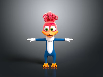 Cute 3D Cartoon Bird Character With Pink Head Yellow Beak Blue Body And White Belly 3d model