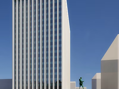 Modern High Rise Office Building Featuring Glass Curtain Wall Under Blue Sky With Pedestrian 3d model