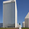 Modern High Rise Office Building Featuring Glass Curtain Wall Under Blue Sky With Pedestrian