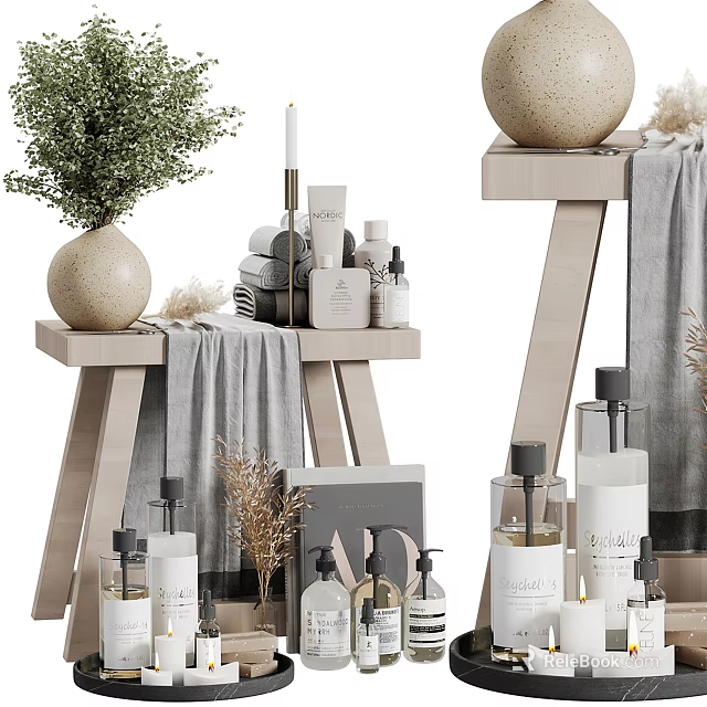 Washing And Daily Use Products On Wooden Stands With Decor 3d model 