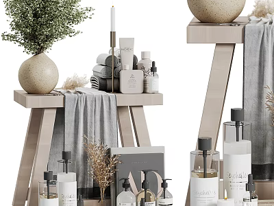 Washing And Daily Use Products On Wooden Stands With Decor 3d model