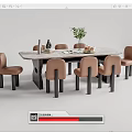 Modern Dining Table Set with Beige Upholstered Chairs Marble Tabletop and Decorative Vase Fruit Bowl