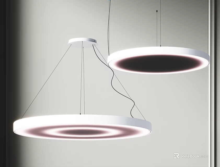 Modern Circular White Pendant Lights With Illuminated Rings In Interior Space 3d model