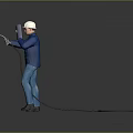 Welder Character In Blue Jacket Blue Jeans White Cap Holding Welding Helmet And Black Hose