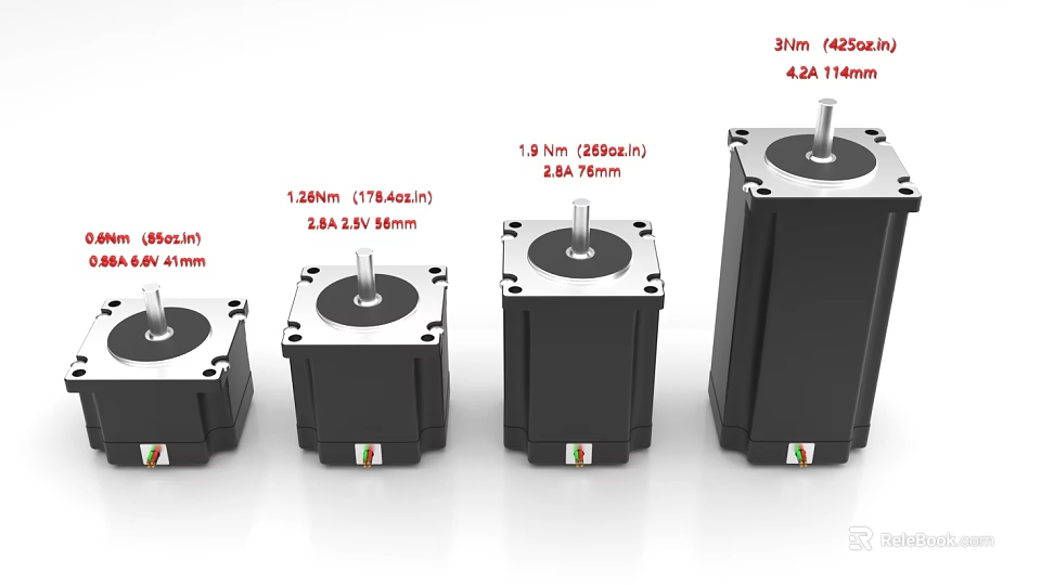 Stepper Motors In Various Sizes With Torque Current And Black Silver Housing 3d model 