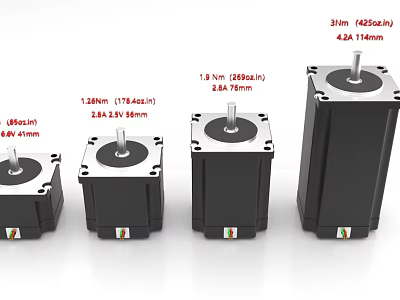 Stepper Motors In Various Sizes With Torque Current And Black Silver Housing 3d model