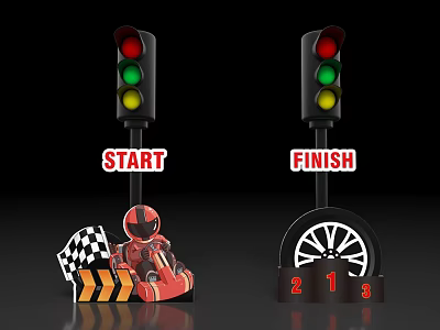 Two Traffic Lights With Start Finish Signs Race Car Driver Checkered Flag Wheel And Numbers 3d model