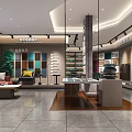 Elegant Modern Store Interior With Display Area Sofa Green Plants And Marble Countertop Display Cabinets