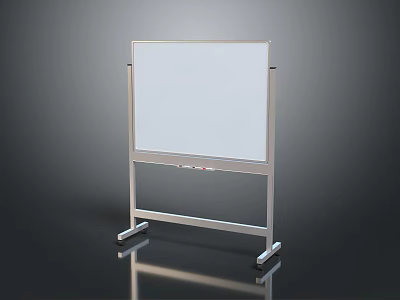 White Whiteboard With Metal Stand Placed On Black Floor And Reflection 3d model