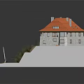 Two Story Building With Red Roof Gray Walls Small Cottage Staircase Sandy Ground And Bushes