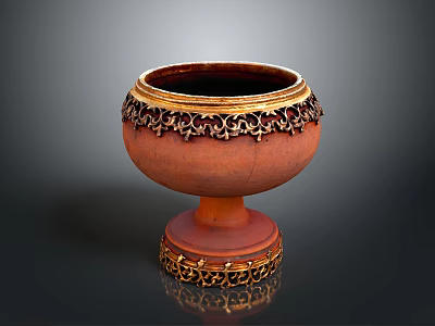 Handcrafted Traditional Ceramic Container With Golden Decorative Patterns On Rim And Base 3d model