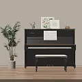 Black Upright Piano With Music Sheet Plant Decorative Paintings And Bench