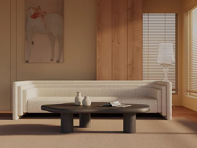 Beige Three Seater Sofa With Coffee Table Vases Book Wooden Wall Painting And Window Blinds 3d model