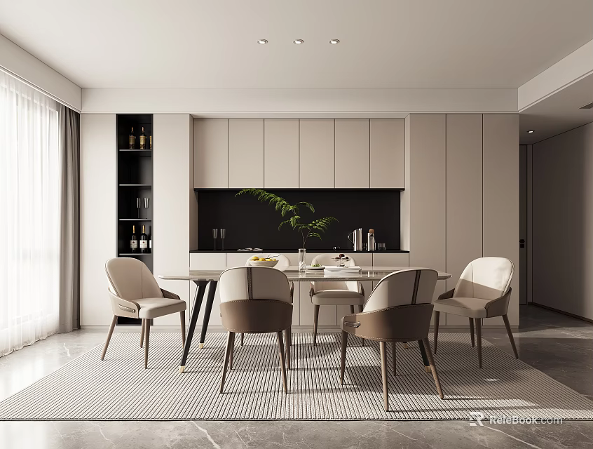 Modern Restaurant Interior Design With Open Layout Dining Table Chairs And Green Plant 3d model 