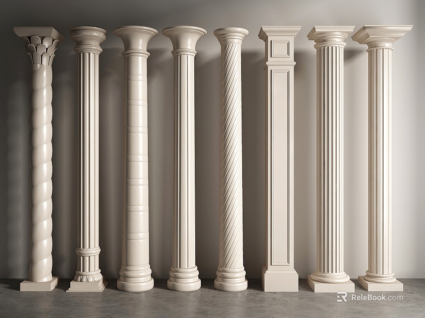 Various Roman Columns Showcasing Different Classical Designs And White Decorative Finish 3d model 