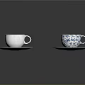White And Blue Patterned Porcelain Cups With Gold Rim And Matching Saucers