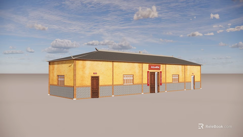 Ancient Traditional Building With Yellow Walls Black Roof And Wooden Doors 3d model 