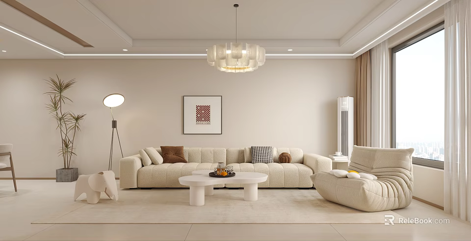 Modern Living Dining Room Interior With Beige Sofa Coffee Table Chandelier And Decorative Painting 3d model 