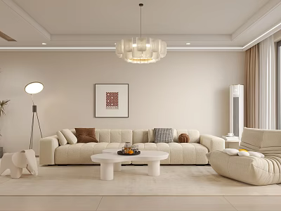 Modern Living Dining Room Interior With Beige Sofa Coffee Table Chandelier And Decorative Painting 3d model