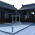 Traditional Ancient Chinese Architecture Courtyard with Carved Stone Screen Pine Trees and Tiled Roof