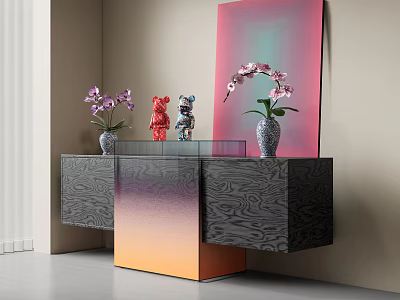 Modern Entrance Cabinet And Sideboard With Wooden Texture Potted Orchids Bear Figurines And Abstract Painting 3d model