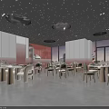 Elegant Modern Restaurant Interior With Starry Ceiling White Partitions Dining Tables And Beige Chairs
