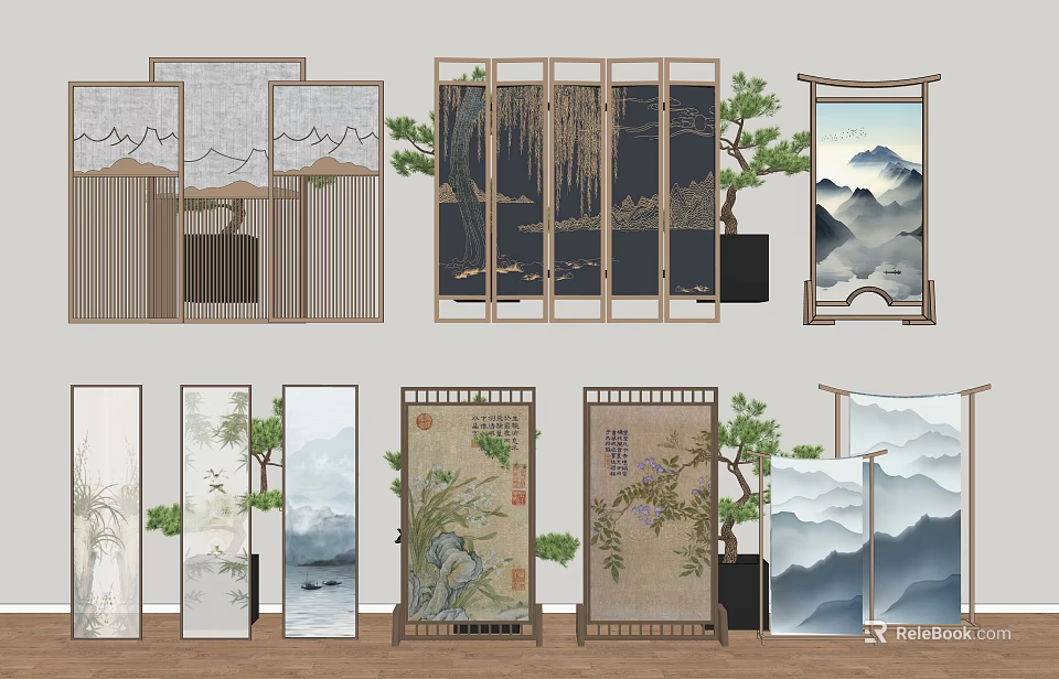 Traditional Chinese Decorative Screens With Mountain Landscape And Pine Tree Elements 3d model