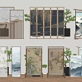 Traditional Chinese Decorative Screens With Mountain Landscape And Pine Tree Elements 3d model