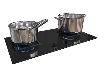 Kitchen Gas Stove With Two Stainless Steel Pans And Blue Flames 3d model