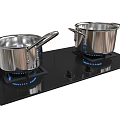 Kitchen Gas Stove With Two Stainless Steel Pans And Blue Flames