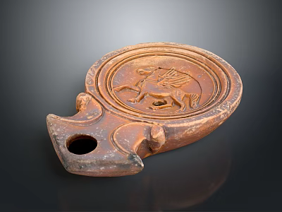 Intricate Terracotta Winged Horse Carving On Circular Ancient Vessel With Handle 3d model