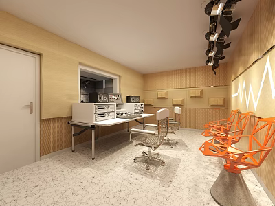 Modern Workspace With Beige Walls White Table Orange Geometric Chairs And Ceiling Lights 3d model