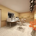 Modern Workspace With Beige Walls White Table Orange Geometric Chairs And Ceiling Lights