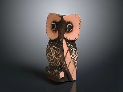 Handcrafted Wooden Owl Carving With Intricate Floral Patterns And Sitting Posture Decorative Figurine 3d model