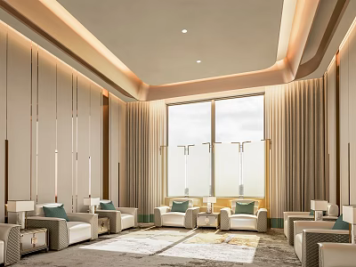 Hotel Public Lounge Modern Light Colored with Floor to Ceiling Windows Curtains Blue Cushioned Sofas 3d model