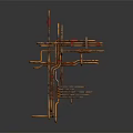 Complex Industrial Metal Pipes Interconnected Structure with Red Valves and Yellow Tubes