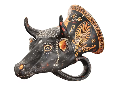 Antique Bull Head Shaped Ceramic Vessel With Black Gold Decorative Patterns 3d model